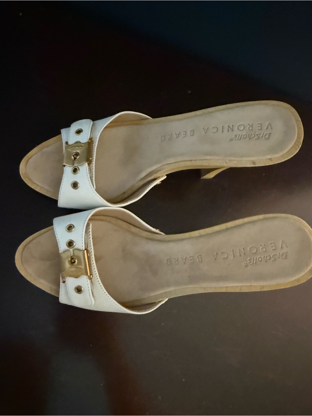 Veronica Beard White Leather Slide Mules with Gold Buckle